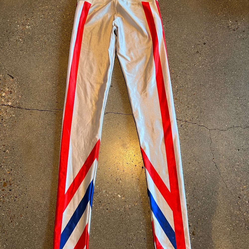 Goldsheep leggings, XS.  White with retro patriotic red and blue striping.